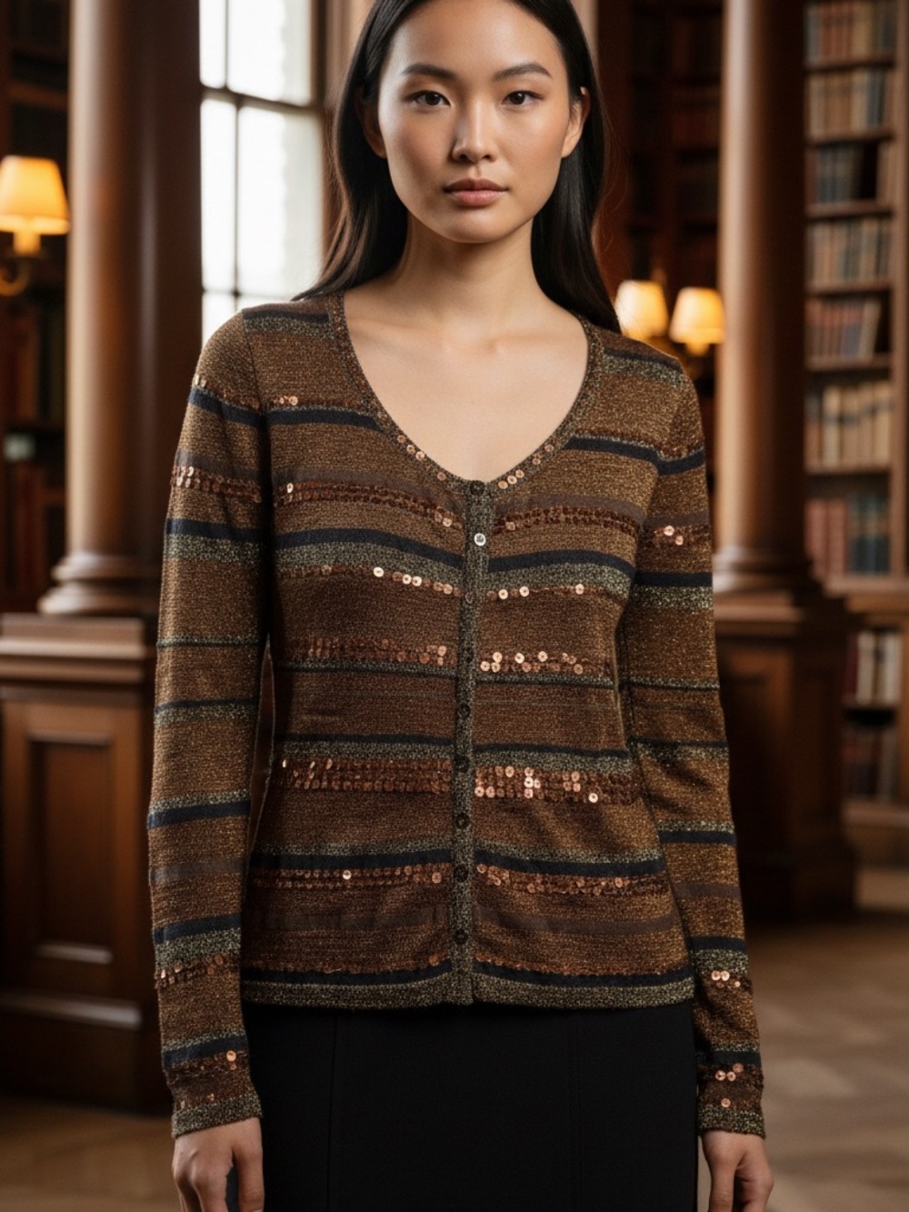 Dark Academia | Striped Sequin V-Neck Cardigan Sweater in Brown size Medium